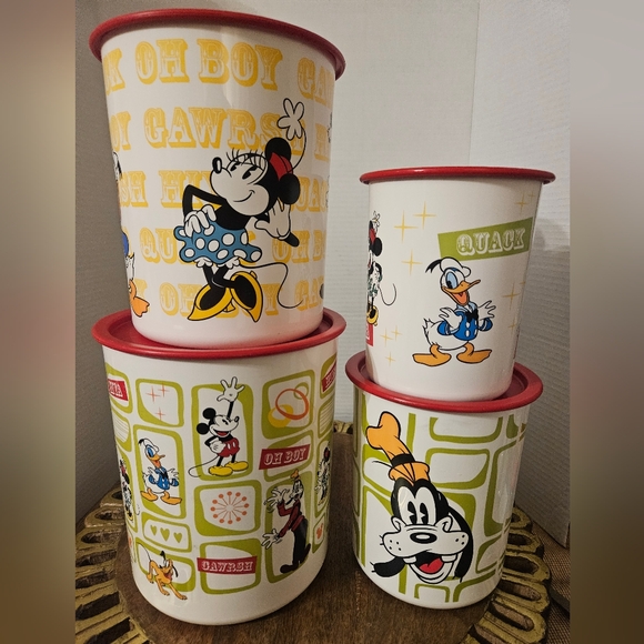 4 Vintage Mickey & Friends Disney Tupperware Canister Set w/ Red Lids - Picture 8 of 16